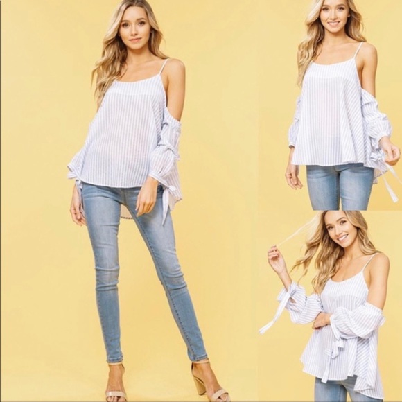 Listicle Blue & White Striped cold shoulder top - Picture 1 of 8